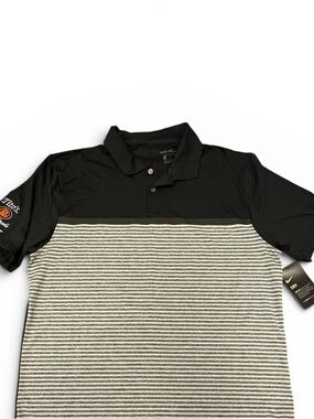 Men's Nike Black and Gray Striped Polo Golfing Shirt. Tiger Woods. Dry Fit.